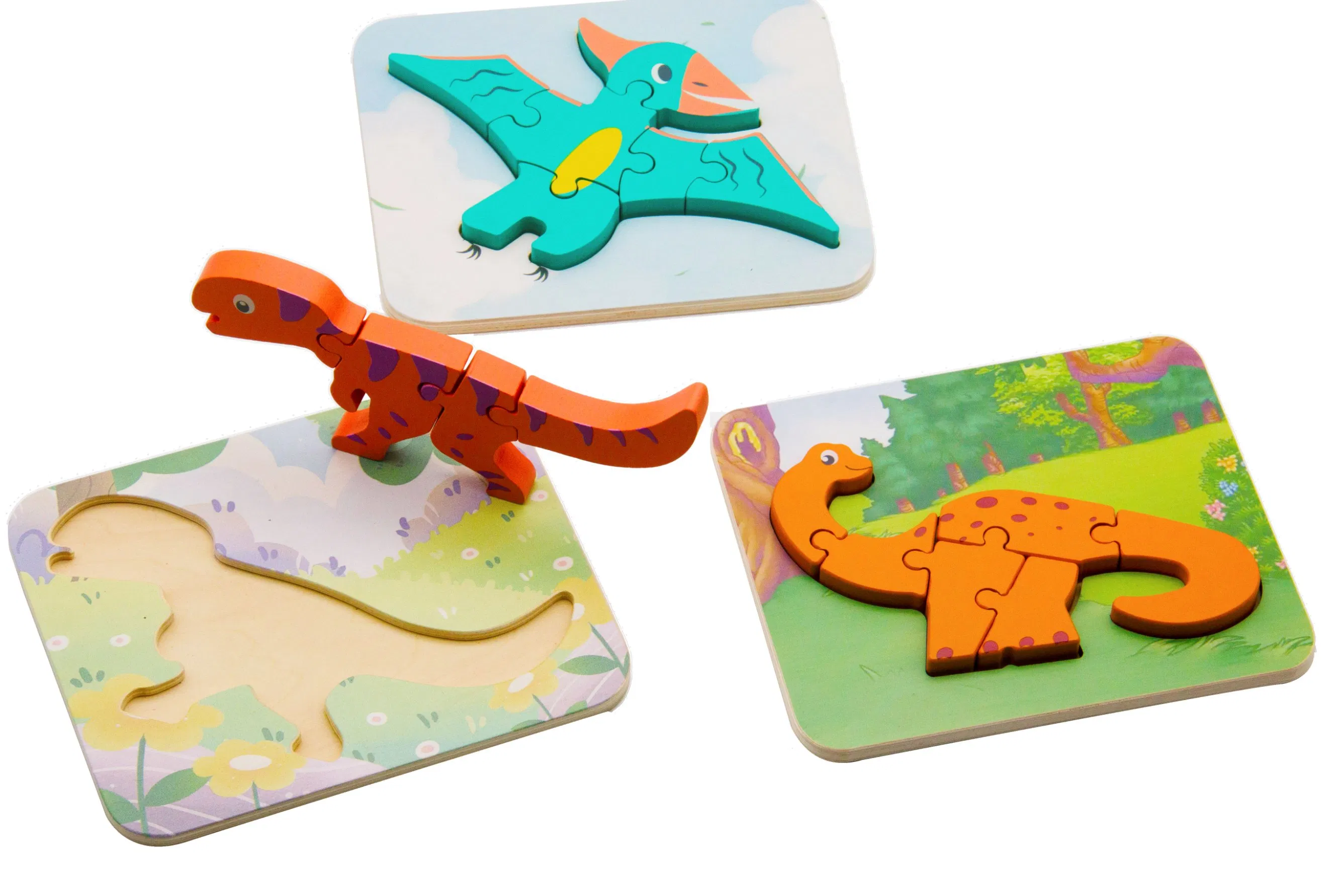 Brinquedo de Quebra-Cabeça de Dinossauro Educacional Intelectual de Madeira Montessori por Atacado para Bebês Crianças DIY 3D