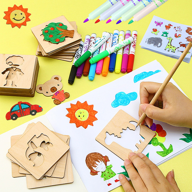Atacado de fábrica personalizado de madeira DIY educativo brinquedo de animal carro arma trem casa avião estênceis de desenho e pintura Montessori para bebês crianças