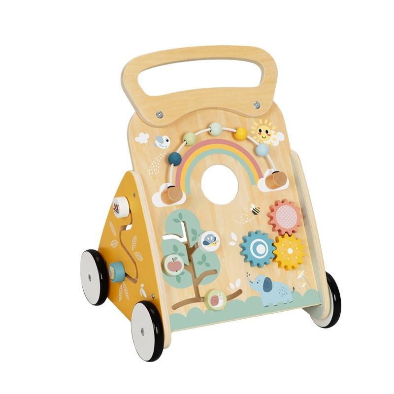 Centro de Atividades Multifuncional de Madeira para Bebês, Painel de Atividades, Carrinho de Puxar e Empurrar, Brinquedo de Aprendizagem para Bebês