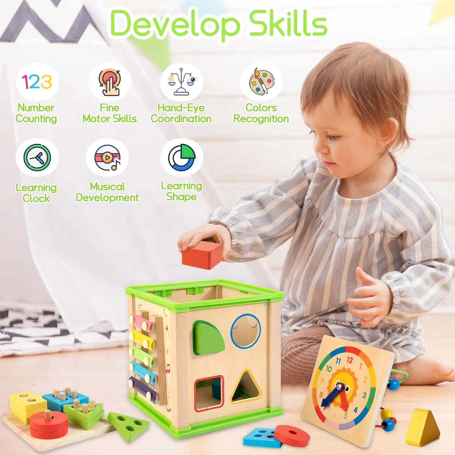 Cubo de Atividades de Madeira 7-in-1 Brinquedos Educacionais para Desenvolvimento Infantil