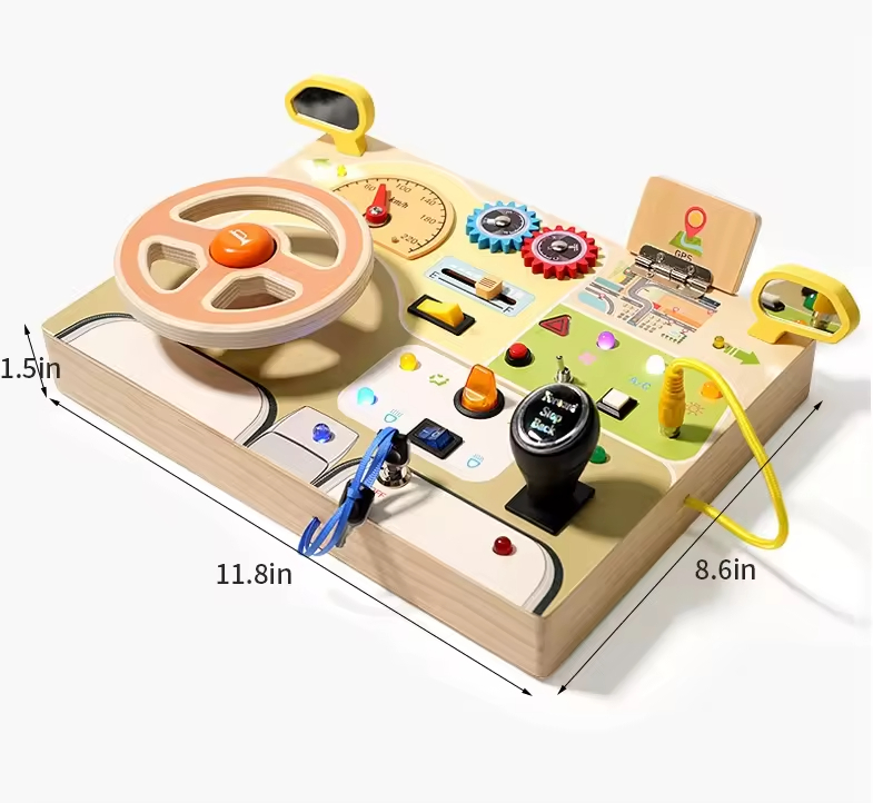 Placa de Luz LED de Madeira Ecológica Personalizável para Bebês, Brinquedo Sensorial com Volante Analógico, Circuito Montessori para Crianças