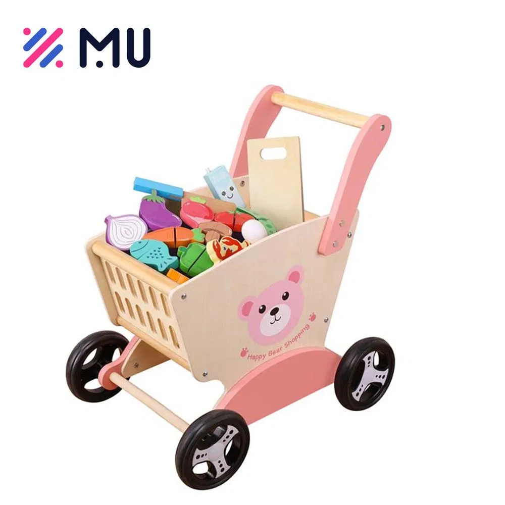 Carrinho de Compras Montessori Educacional para Meninos e Meninas, Carrinho de Bebê, Brinquedo de Madeira para Caminhar para Crianças Pequenas