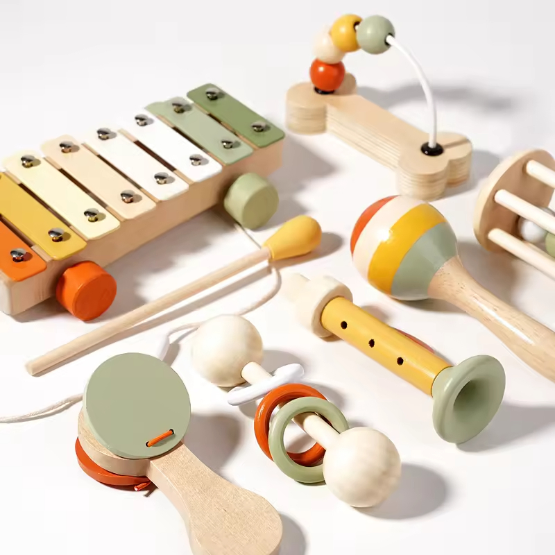 Eco Wooden Rattles Baby Toys Educational Newborn Grasping Natural Tether Musical Instrument Shaker Toys