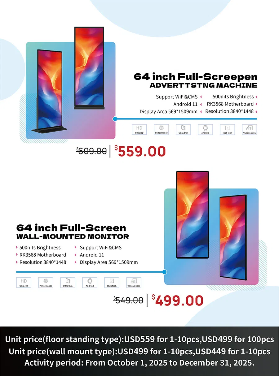 Full Screen 64inch 4K Commercial Advertising Digital Kiosk