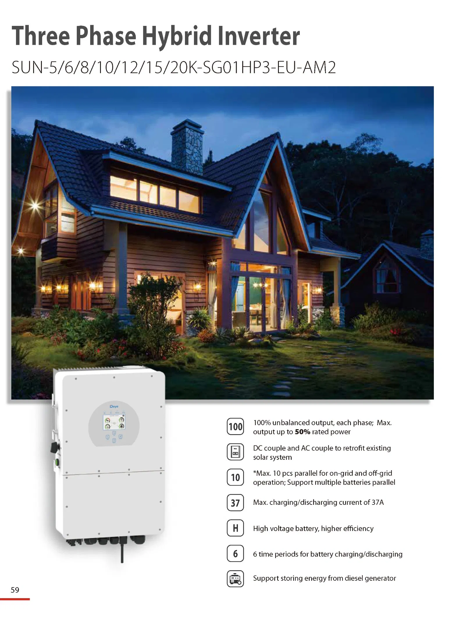 Deye Three Phase Hybrid Inverter Sun-5/6/8/10/12/15/20K-Sg01HP3-EU-Am2 for Home Solar Panel System