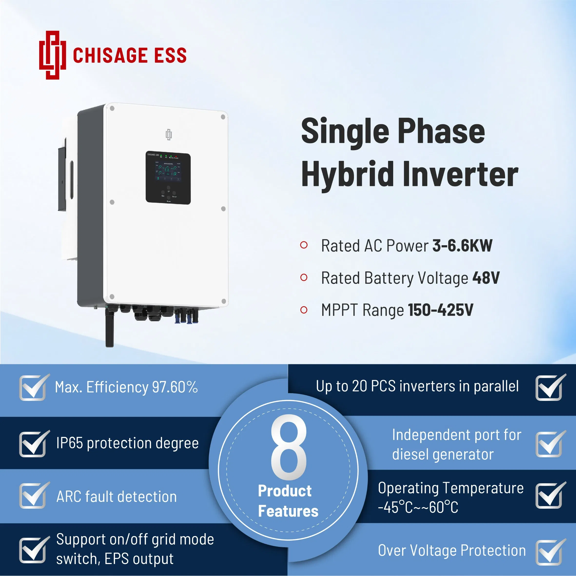 Residential Low Voltage Hybrid Inverter 5000W Inverter 97.6% Efficiency Solar Energt Storage Inverter