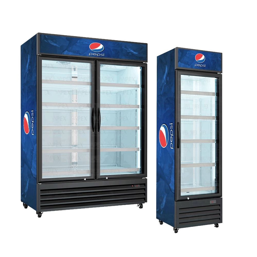 Apex Commercial Upright Double Glass Doors Cold Coke Display Fridge