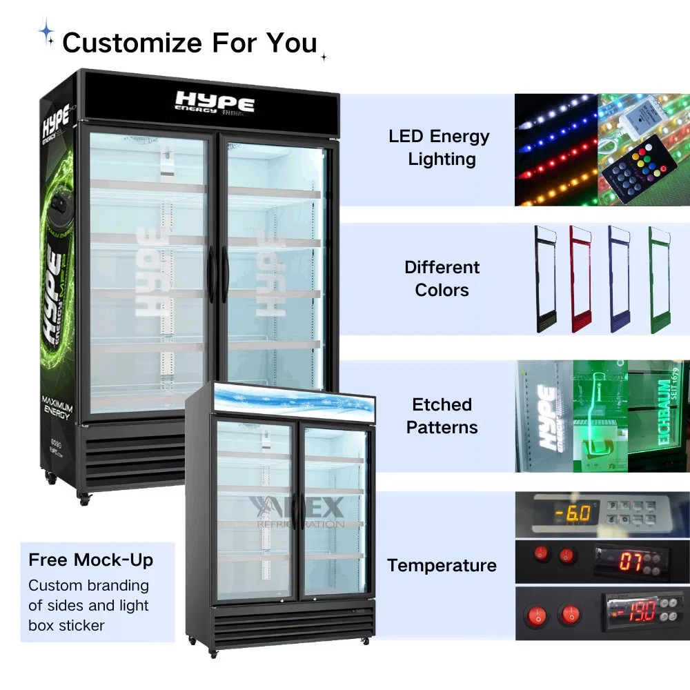 Apex Commercial Upright Double Glass Doors Cold Coke Display Fridge