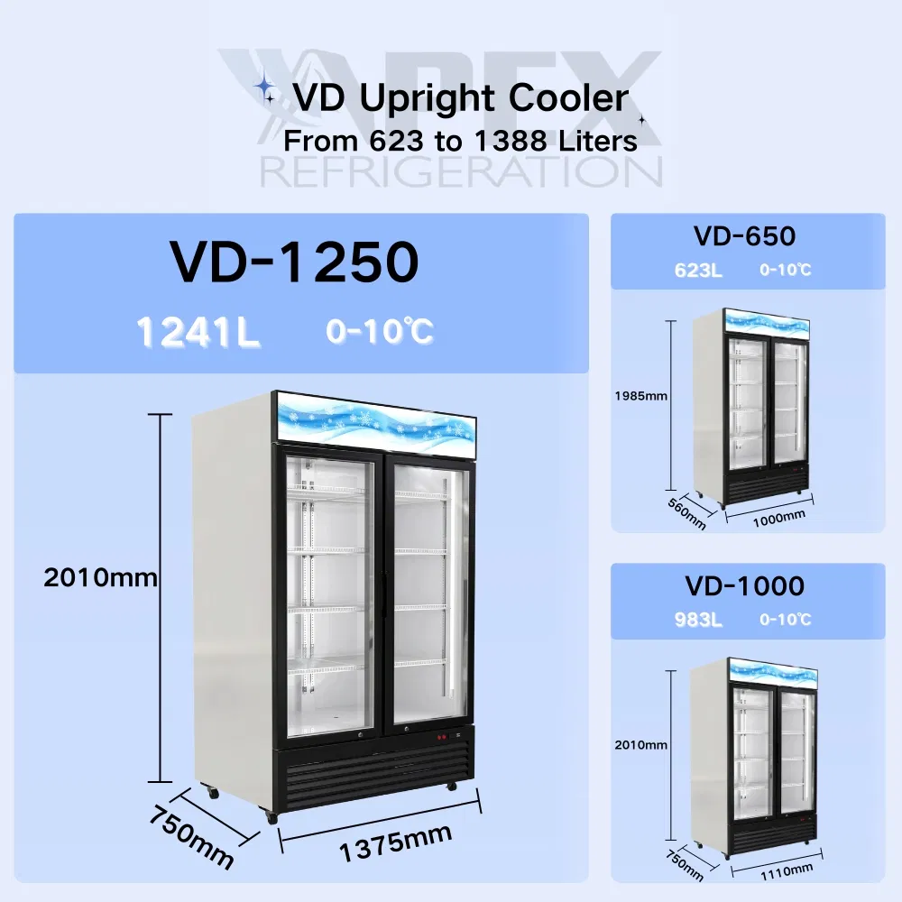 Apex Commercial Upright Double Glass Doors Cold Coke Display Fridge