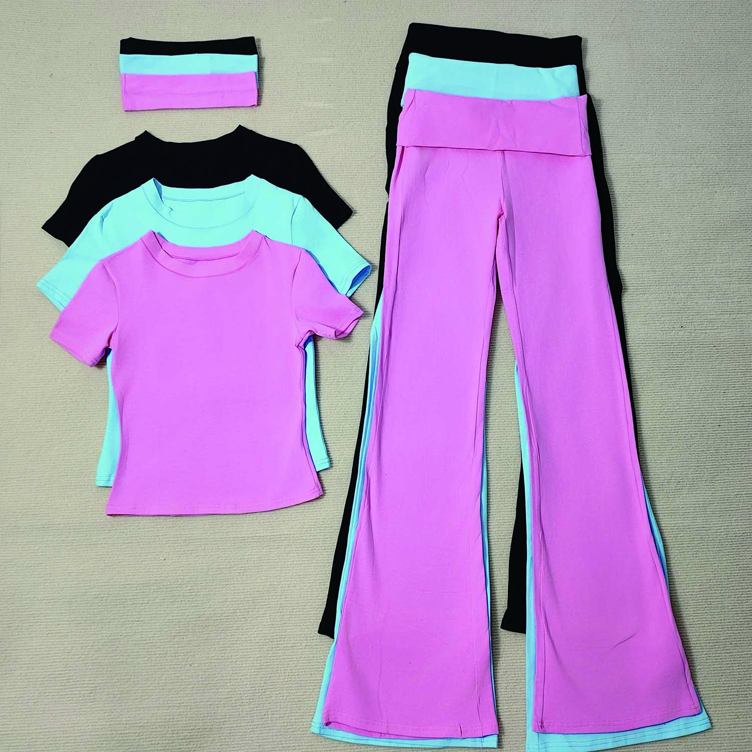 High Quality Women's Summer Cotton Spandex Loungewear Cute Short Sleeve Fold Waist Flare Pants Hair Band Custom Skinny Casual 2