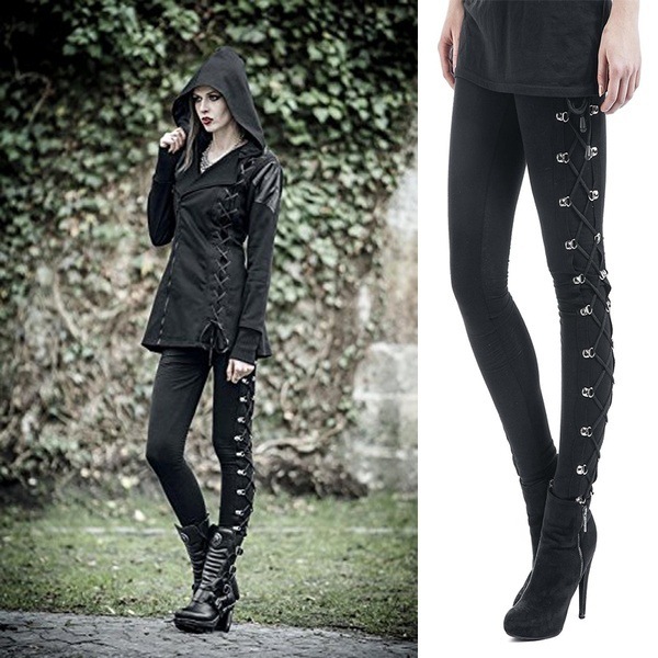Black High-waisted Gothic-punk Lace-up Hip-lift Pants Leggings
