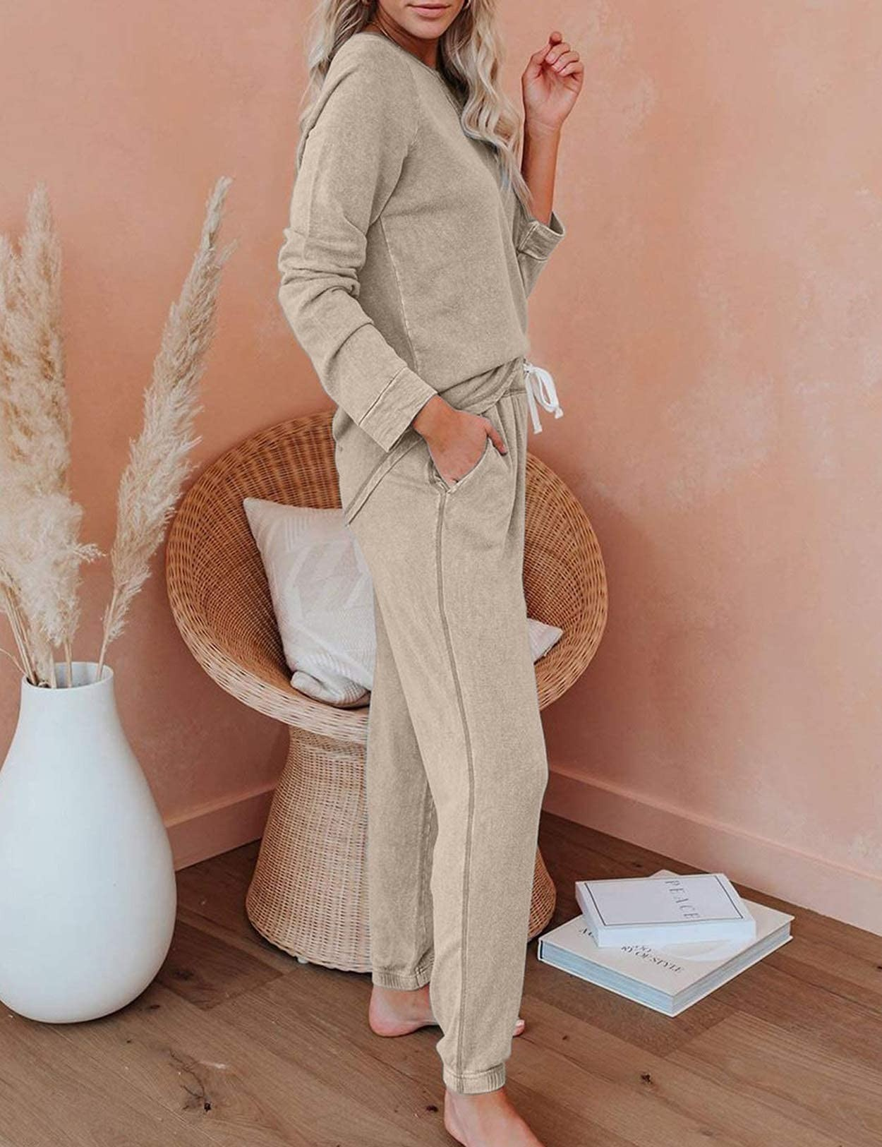 Women Lounge Wear Set Drawstring Waist Raglan Sleeve Pullover Sports Suit Pajamas Sweater Joggers Sweatpants Track Suits