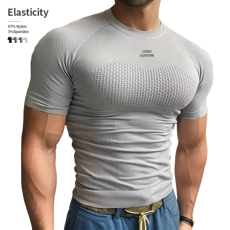 Knitted Men's Gym Wear Tshirt Quick-Drying Compression Oem Custom Print 97% Nylon 3% Spandex Slim Fit Short Sleeves Solid