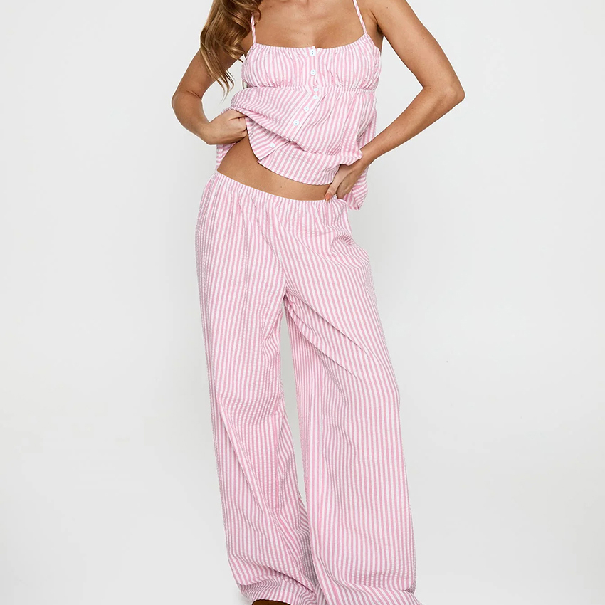 QINSI Women's Two Pieces Set Sleeveless Casual Tank Top Ruffle Striped Pijamas Single-Breasted Home Clothes Nightwear Pj