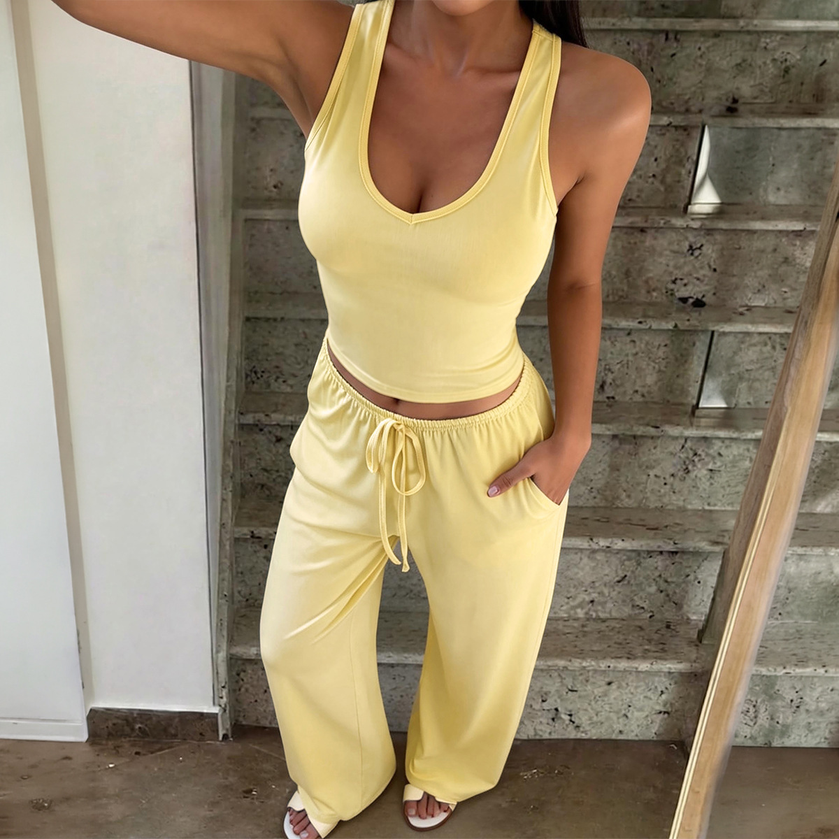 Casual Wide Leg Yoga Set Women Loungewear 2 Piece Loose Fit Sleeveless Racerback Tank Top Palazzo Pants Pockets Travel Outfit