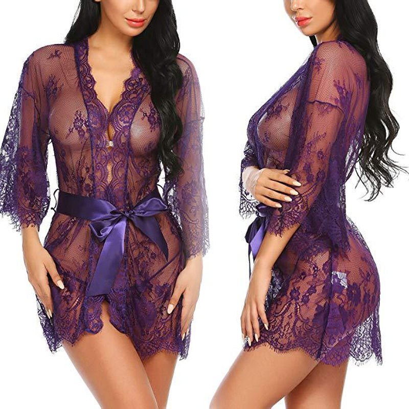 Sexy Lace Nightwear Erotic Lingerie Sleepwear Women Summer See Through Sleep Dress Solid Lace Pajamas Bath Robe Dress Nightgown
