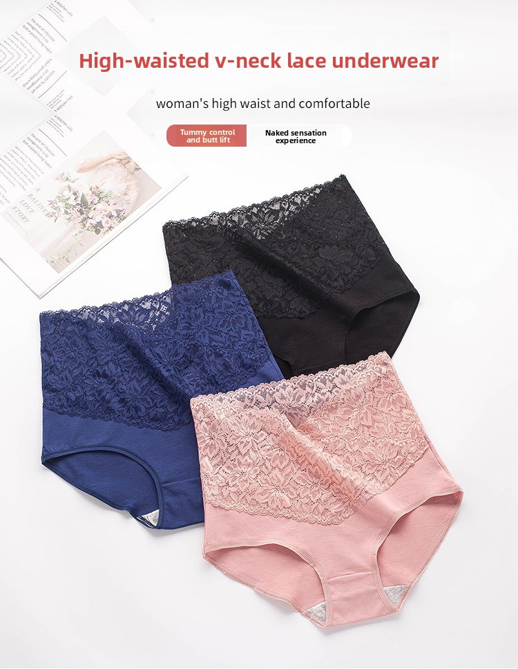 Private Label High Waisted Tummy Control Panties Floral Lace Cotton Lingerie Breathable Briefs for Postpartum Recovery