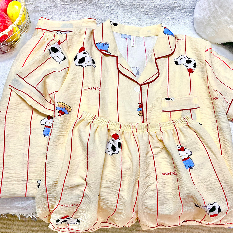 Cute 3-Piece Milk Silk Nightgown Set Breathable Women's High Quality Woven Pajamas Casual Cartoon Print Sleepwear for Summer