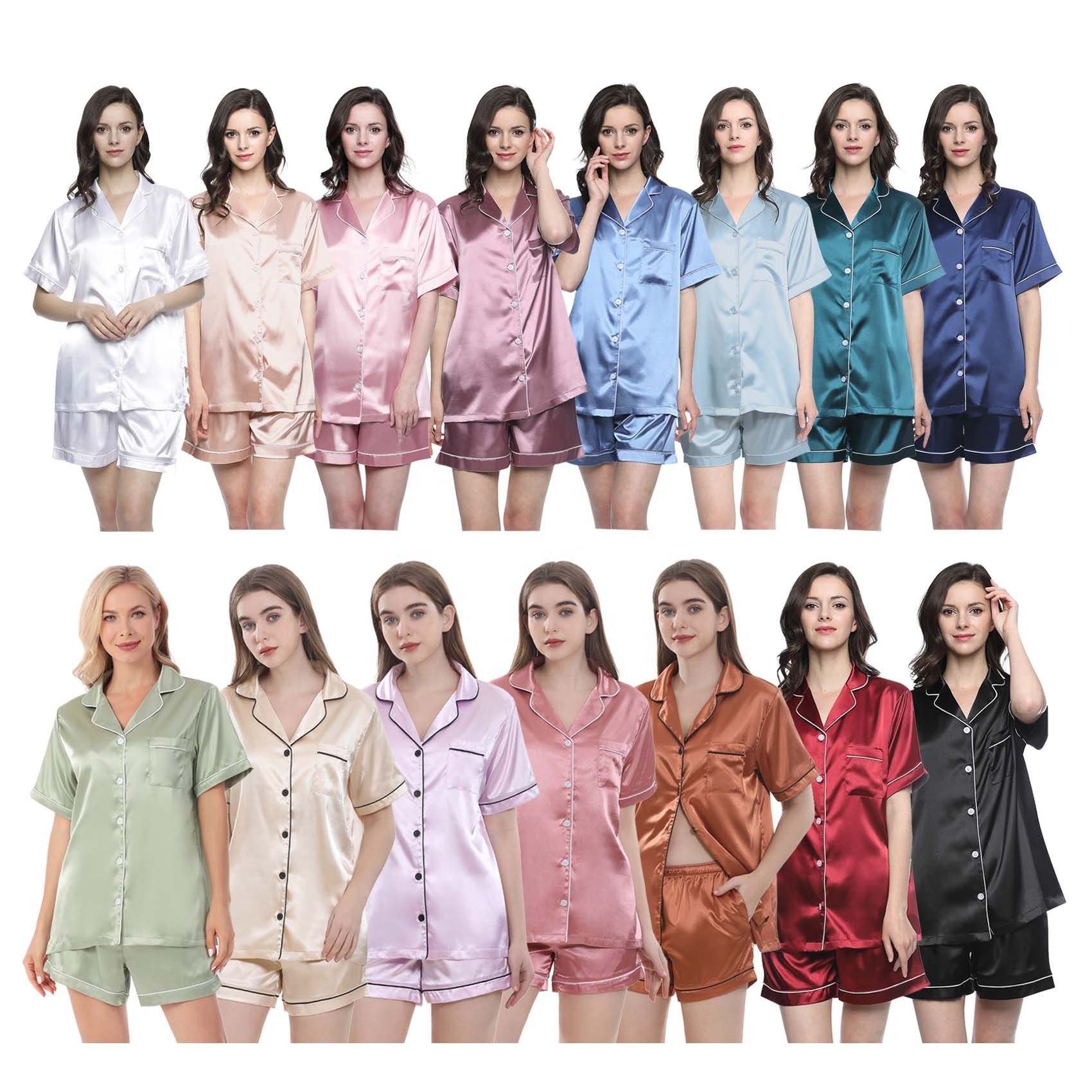 Solid Color Short-Sleeved Women's Pyjamas Summer Sleepwear With Shorts Trim Silk Satin Pajamas Sets Plain Printing