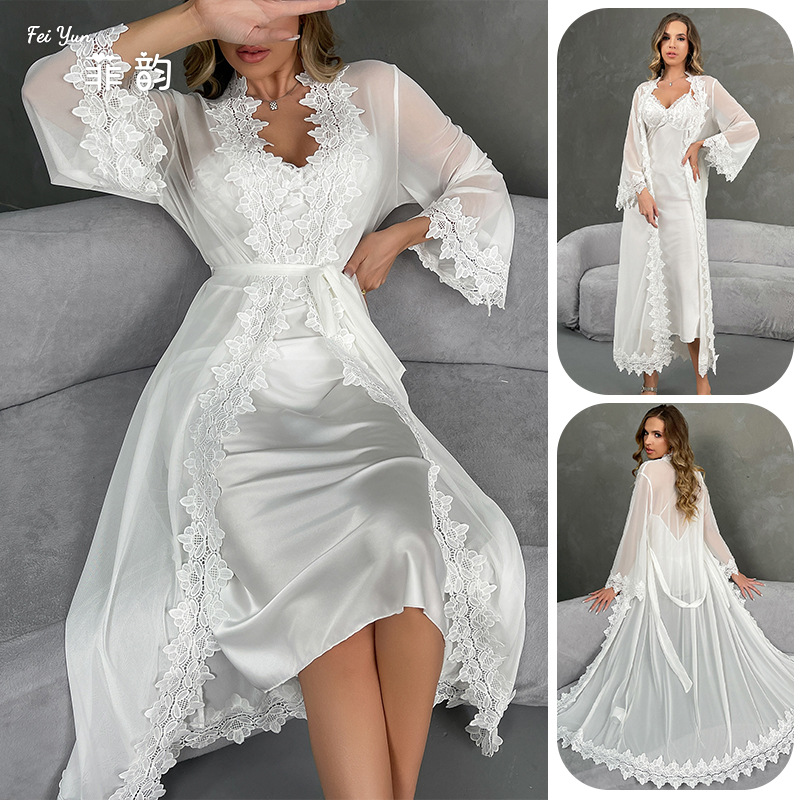 White Lace Trim Satin Bridal Lingerie Set, Sheer Chiffon Long Robe with Slip Dress, Wedding Night Sleepwear for Women