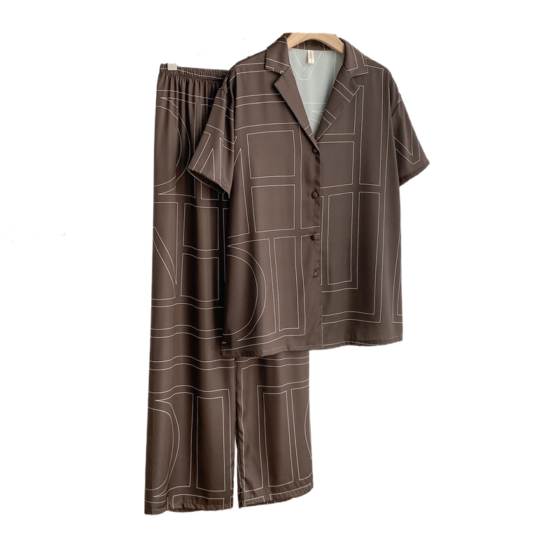 Summer New Ice Silk Thin Women's Pajamas Short Sleeve Trousers Plus Size Sleepwear Advanced Sense Printed Women's Home Wear Set