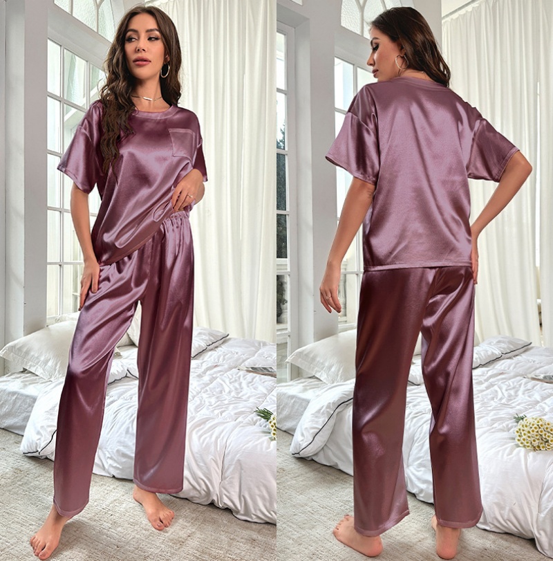 LuxeRoll Women's Summer Short Sleeved Breathable Knitted Polyester Spandex Elastic Waist V-neck Front Pajama Set Casual Loose