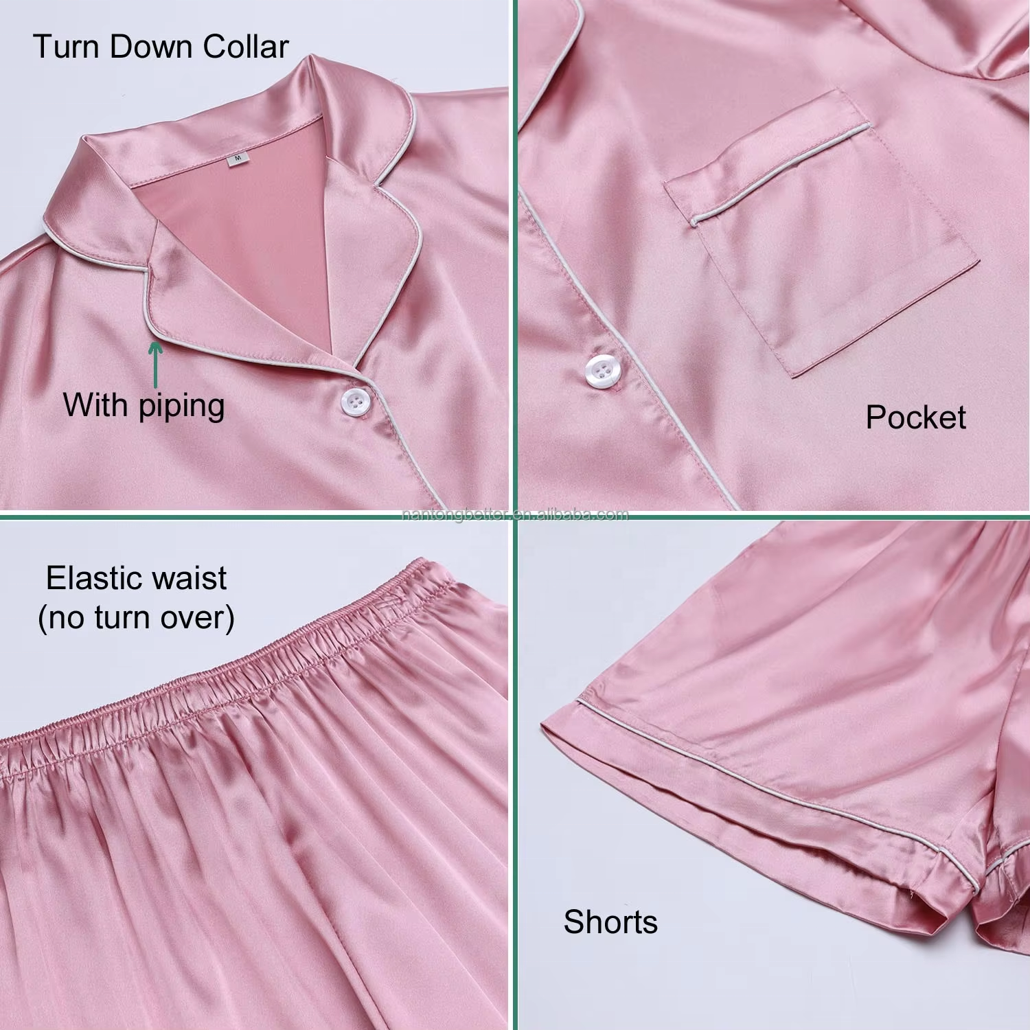 Solid Color Short-Sleeved Women's Pyjamas Summer Sleepwear With Shorts Trim Silk Satin Pajamas Sets Plain Printing