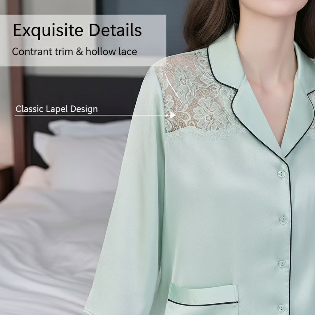 Silk Woven Long-sleeved V-neck Elastic Belt Pajamas Set Summer Luxury Soft Smooth Fabric for Women's Lace Splicing Design
