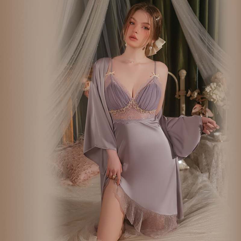 New Summer Pajamas Women Satin Night Dress and Kimono Robe Luxury Sleepwear Home Clothes 3372