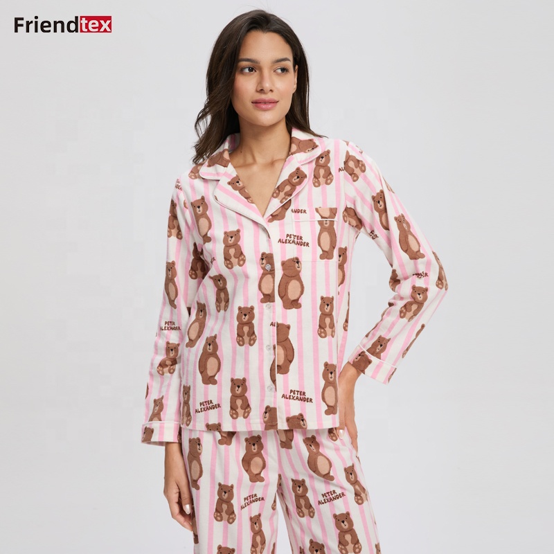 Women's Pink Striped Bear Print Long Sleeve Pajama Set Soft Sleepwear