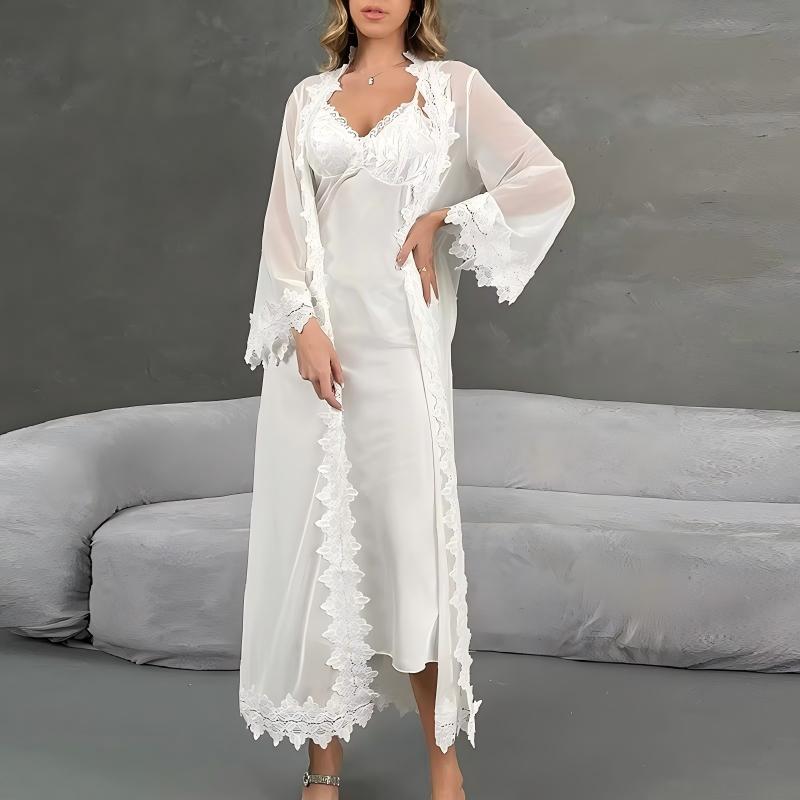 White Lace Trim Satin Bridal Lingerie Set, Sheer Chiffon Long Robe with Slip Dress, Wedding Night Sleepwear for Women