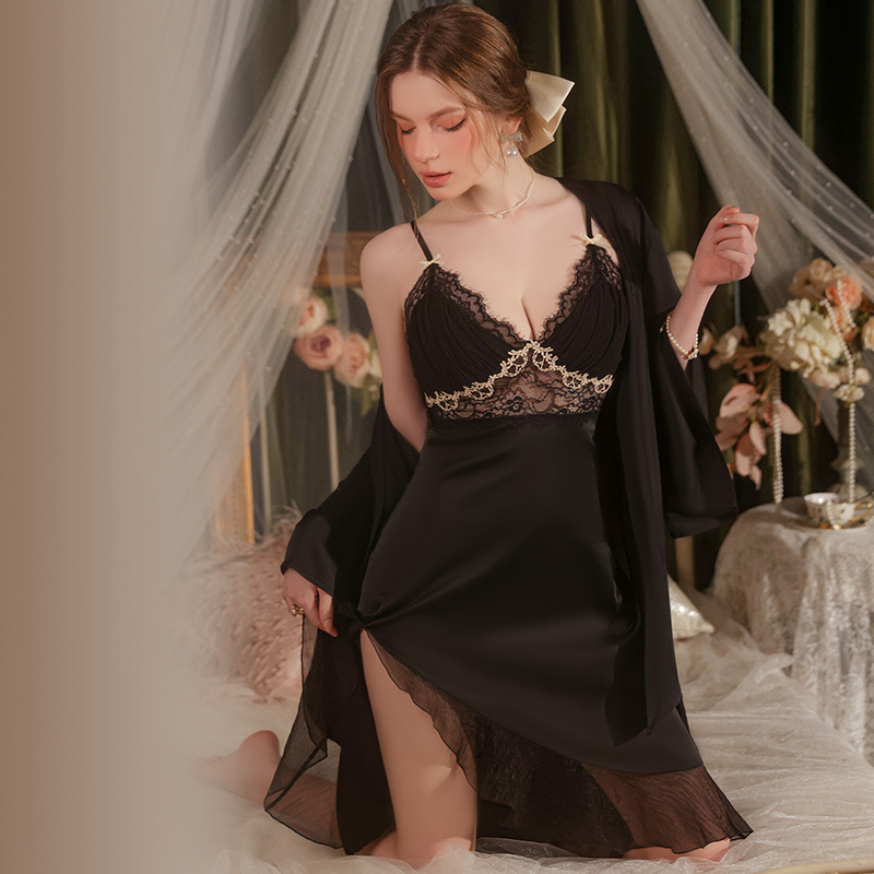 New Summer Pajamas Women Satin Night Dress and Kimono Robe Luxury Sleepwear Home Clothes 3372
