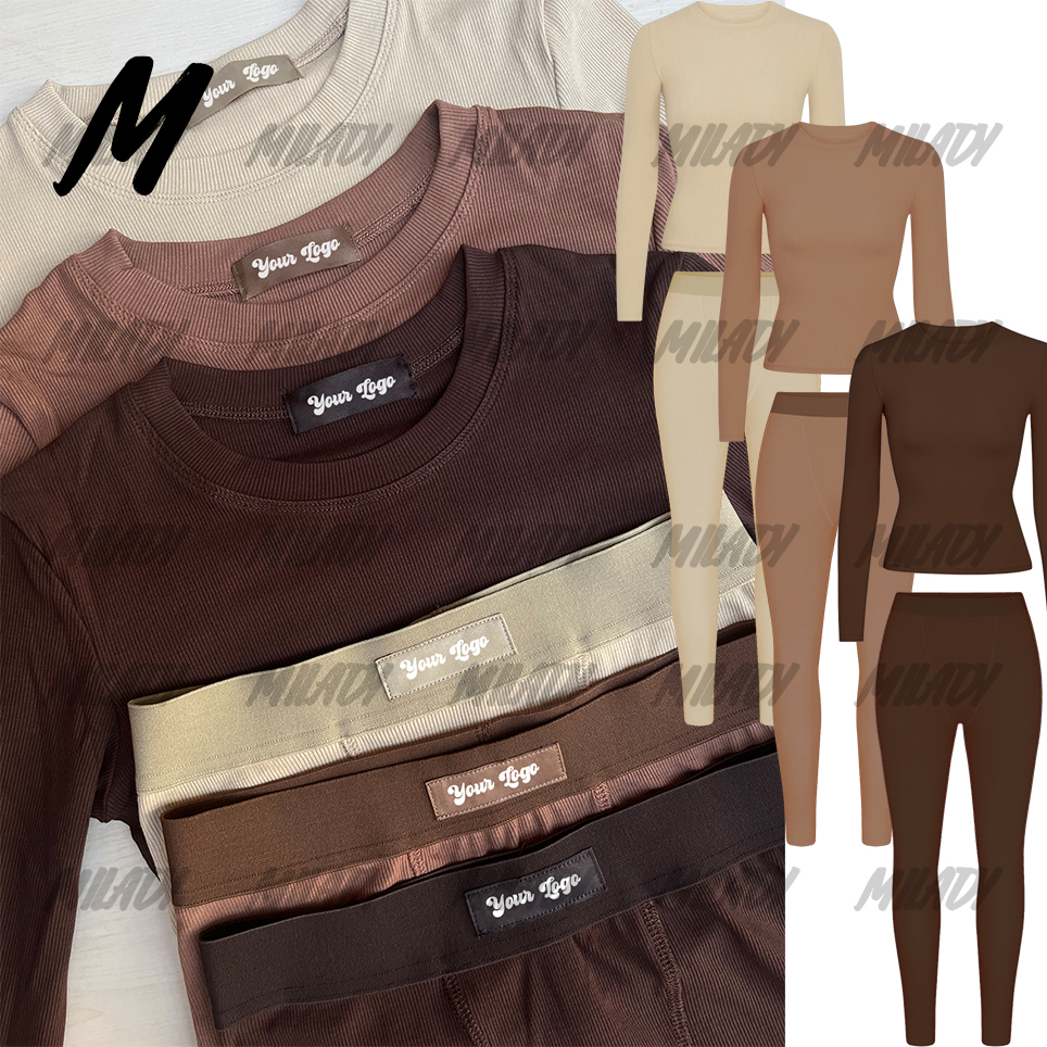 Custom Logo Ribbed Cotton 2 Piece Knit Set Women 2024 Fall Color Winter Woman Long Shirts and Leggings Outfit Loungewear Set