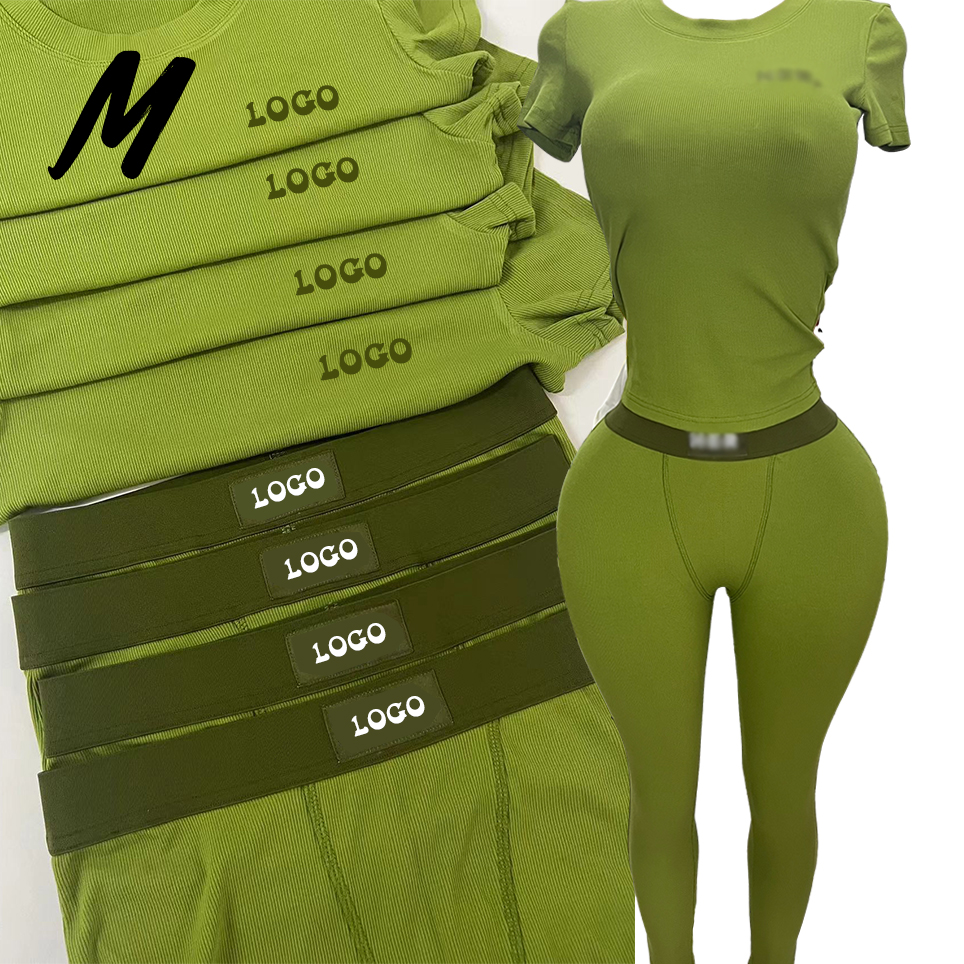 Custom Logo Ribbed Cotton 2 Piece Knit Set Women 2024 Fall Color Winter Woman Long Shirts and Leggings Outfit Loungewear Set