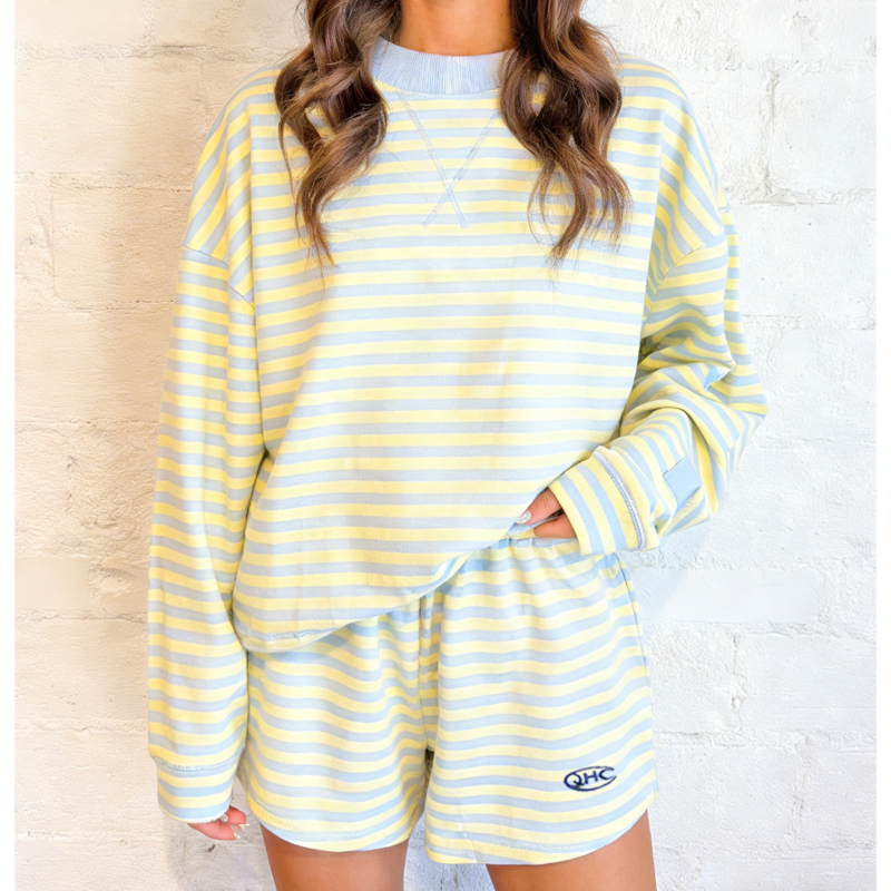 High Quality Women's Striped Printed Mock Neck Baggy Sweatshirt And Shorts Set Custom Casual Lounge Wear Campus 2Pcs Short Set