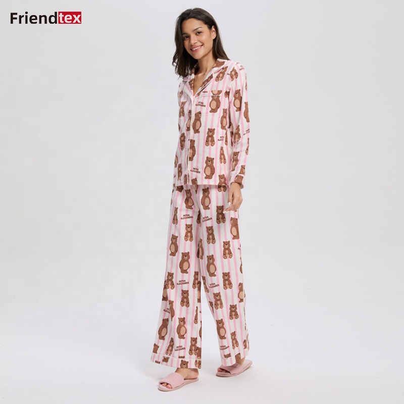 Women's Pink Striped Bear Print Long Sleeve Pajama Set Soft Sleepwear