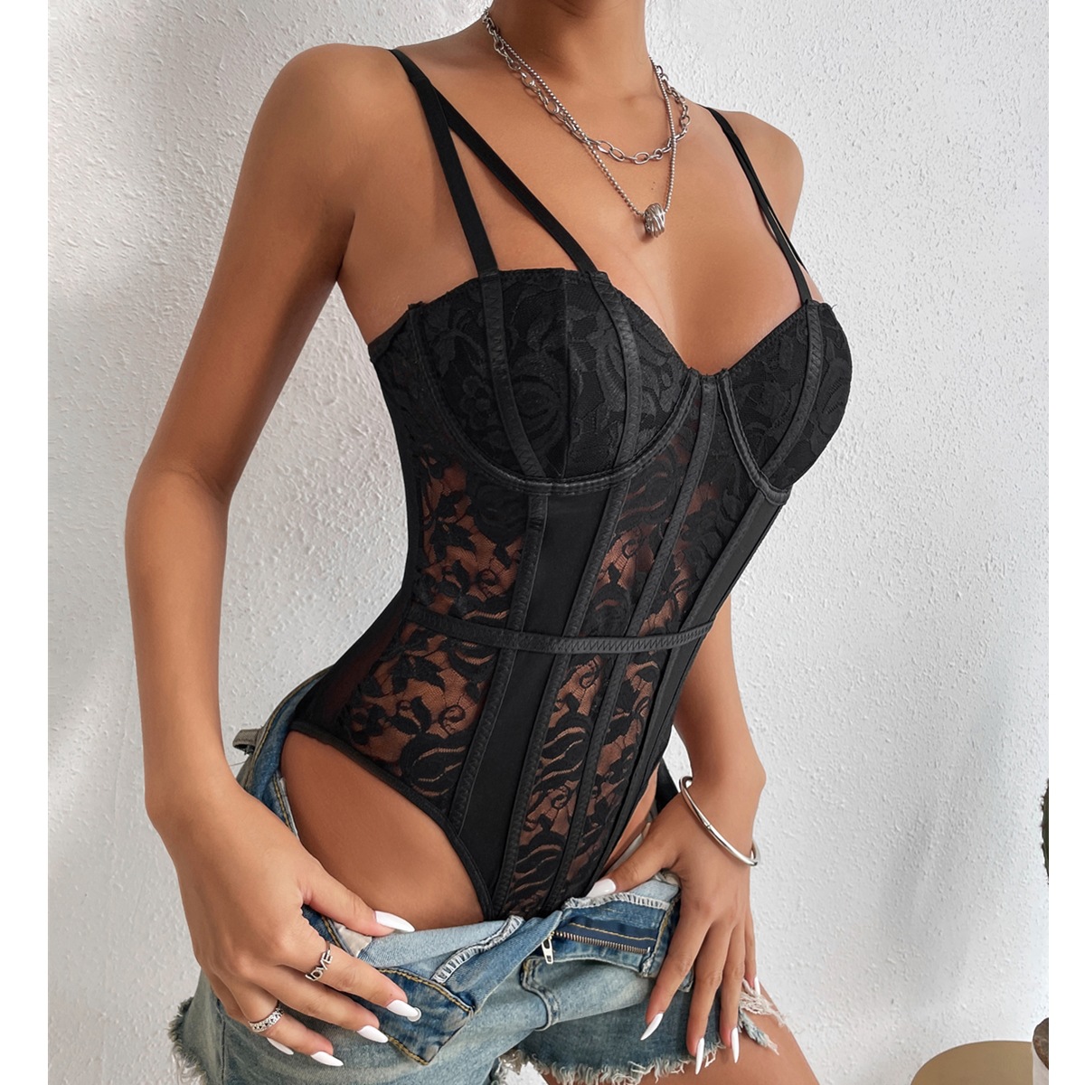 Womens Fashion Bodysuit Camisole One Piece Sheer Floral Lace Adjustable Straps Bodysuit