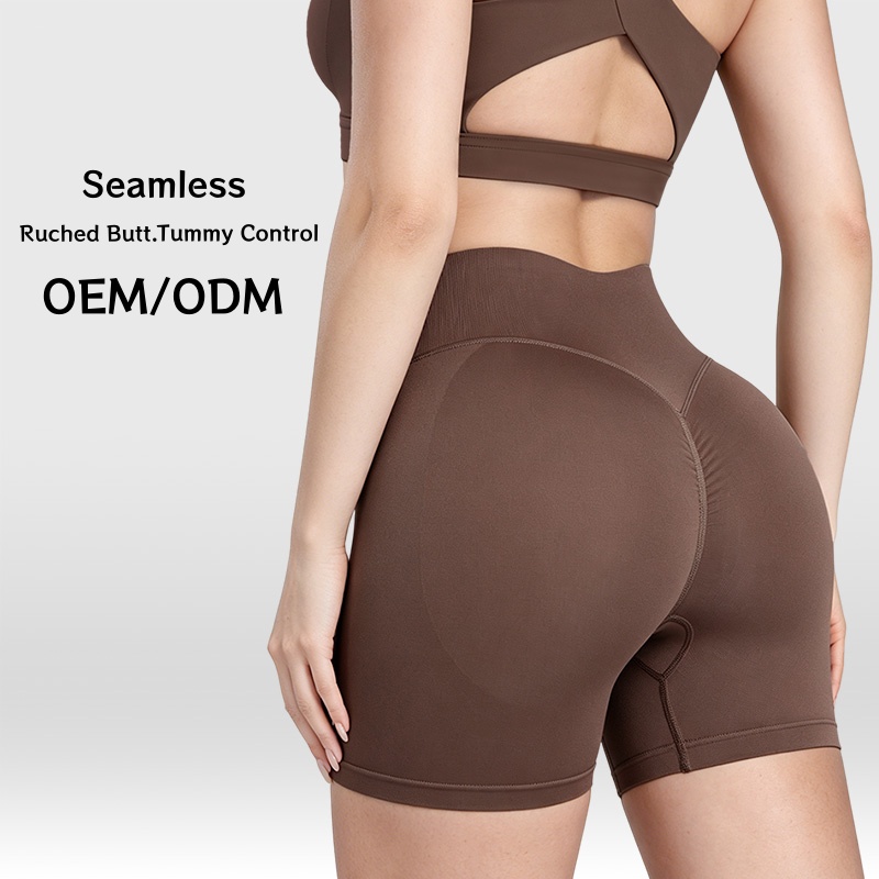 Seamless High Waisted Ruched Butt Lifting Yoga Shorts Peach Butt Nylon Spandex Biker Shorts for Workout Pilates Cycling