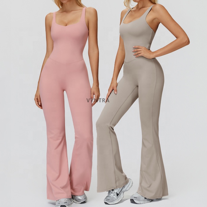Women Cross Back Stretchy Yoga Fitness Gym Flared Jumpsuit Sleeveless One Piece Workout Romper Slim Fit Bodycon Sports Bodysuit