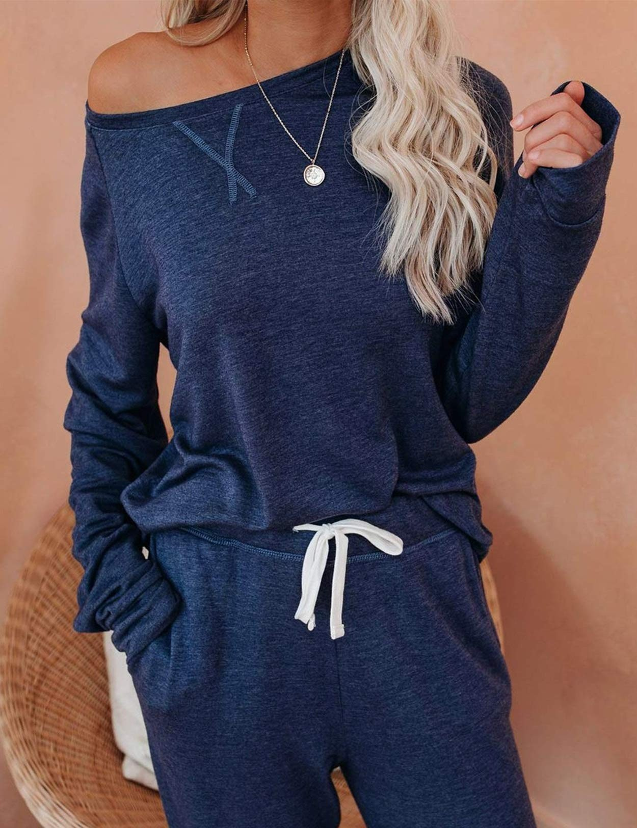 Women Lounge Wear Set Drawstring Waist Raglan Sleeve Pullover Sports Suit Pajamas Sweater Joggers Sweatpants Track Suits