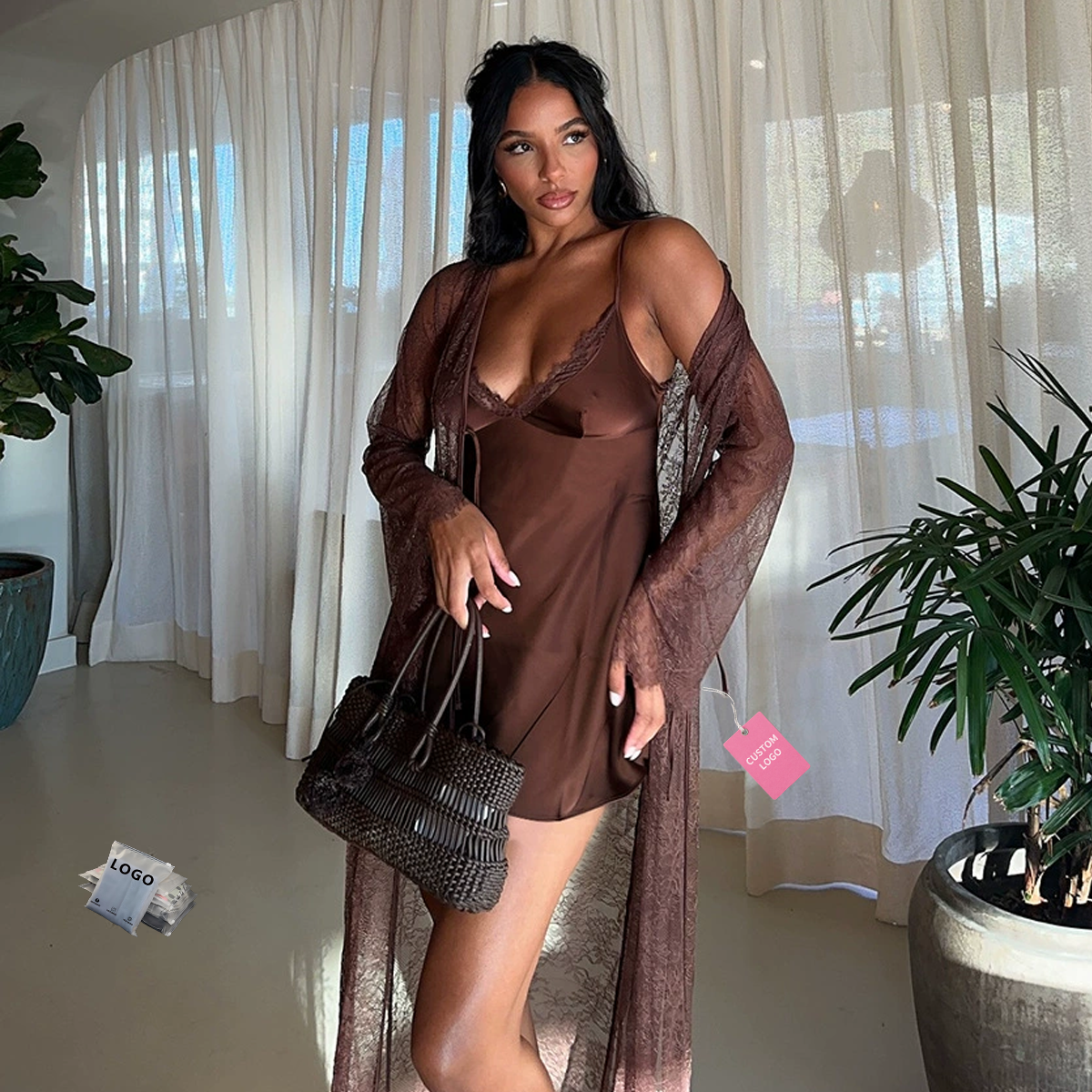 Wholesale 2026 Women Sexy Satin Nightgown with Lace Trim and Sheer Long Robe 2 Piece Sleepwear Set Elegant Lingerie Loungewear