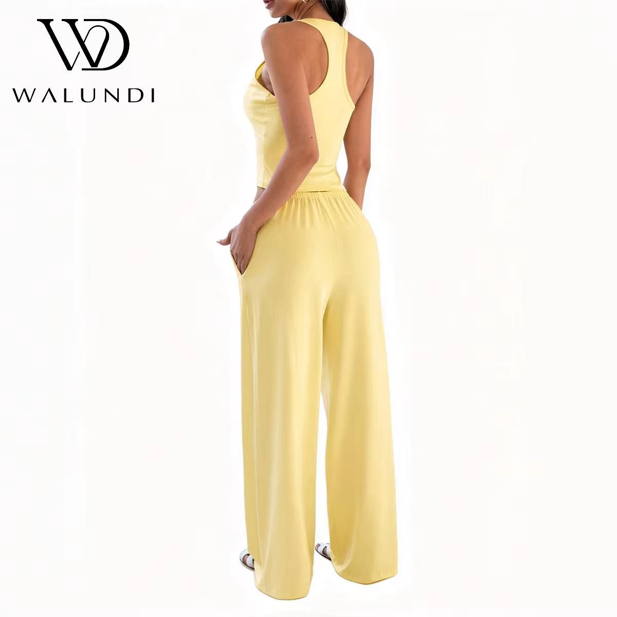 Casual Wide Leg Yoga Set Women Loungewear 2 Piece Loose Fit Sleeveless Racerback Tank Top Palazzo Pants Pockets Travel Outfit