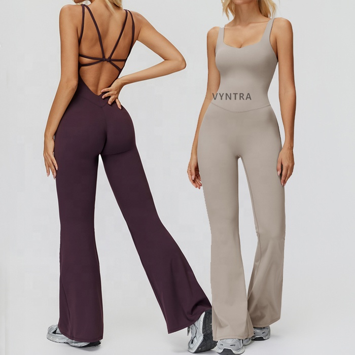 Women Cross Back Stretchy Yoga Fitness Gym Flared Jumpsuit Sleeveless One Piece Workout Romper Slim Fit Bodycon Sports Bodysuit