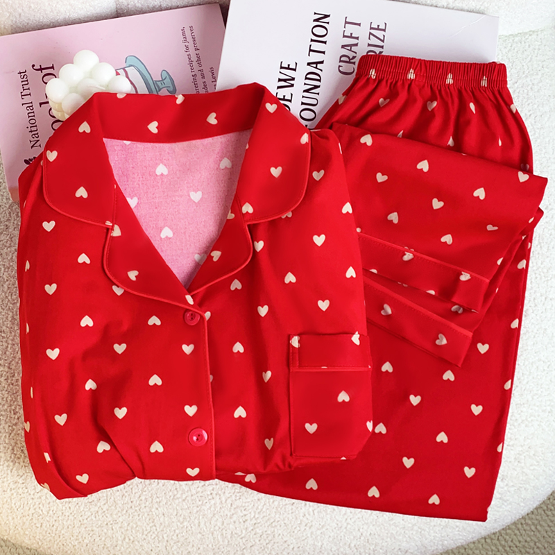 Love Print Long-sleeved Long Pants Pajamas Women's Spring and Fall Models of Home Wear Leisure Suit Actual Photo
