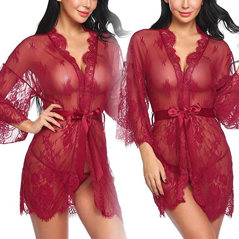 Sexy Lace Nightwear Erotic Lingerie Sleepwear Women Summer See Through Sleep Dress Solid Lace Pajamas Bath Robe Dress Nightgown
