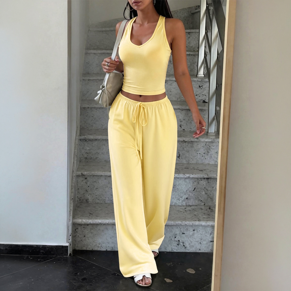 Casual Wide Leg Yoga Set Women Loungewear 2 Piece Loose Fit Sleeveless Racerback Tank Top Palazzo Pants Pockets Travel Outfit