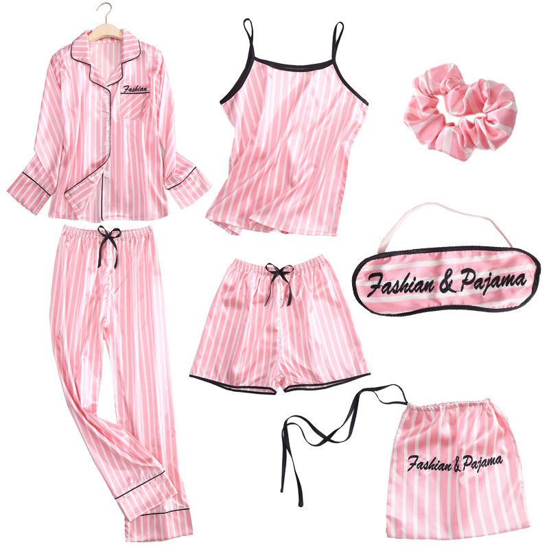 7 Pieces Stripe Ladies Satin Gown Sleepwear Woman Pajamas Set Ladies Pyjamas Women's Pajamas