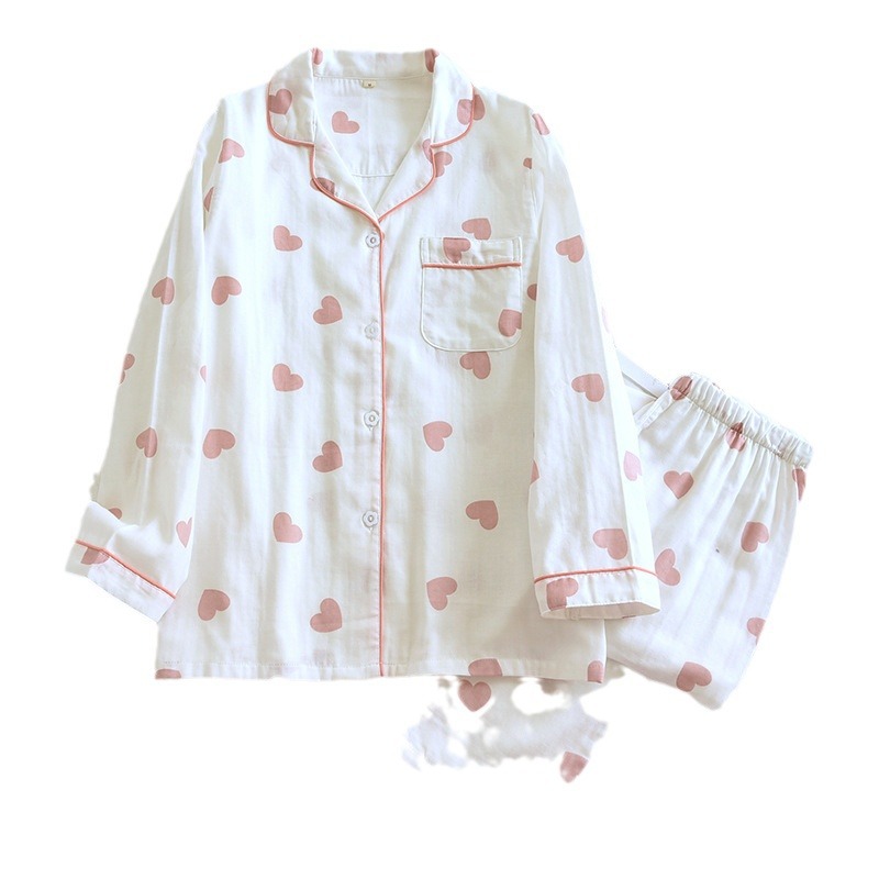 HF Women's Long Sleeve 100% Cotton Outerwear for Spring Autumn Sweet Home Clothes-Breathable Solid Pure Cotton Gauze Pajamas