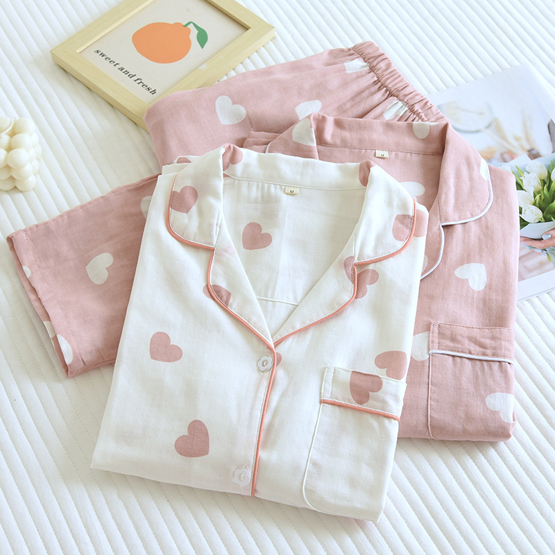 HF Women's Long Sleeve 100% Cotton Outerwear for Spring Autumn Sweet Home Clothes-Breathable Solid Pure Cotton Gauze Pajamas