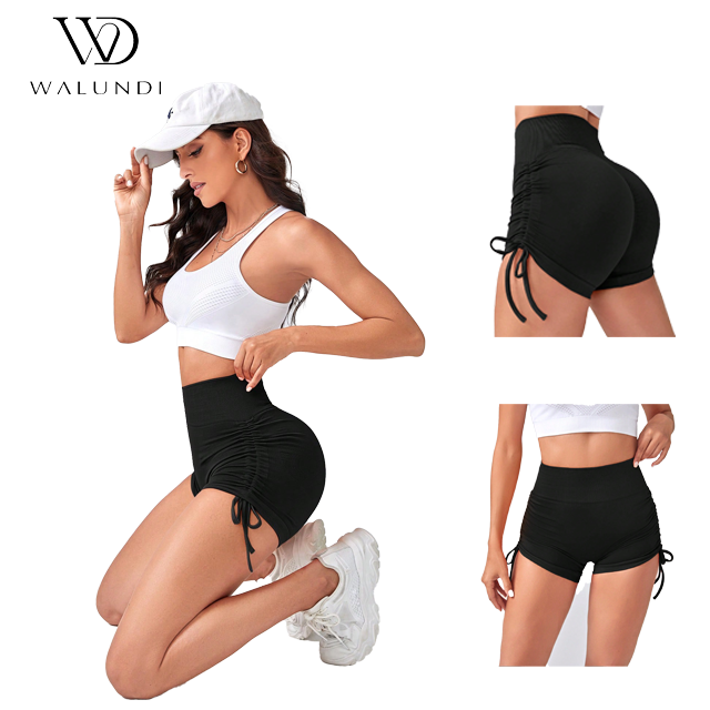 High Waist Ruched Tie-Up Adjustable Drawstring Butt Lift Gym Shorts for Women